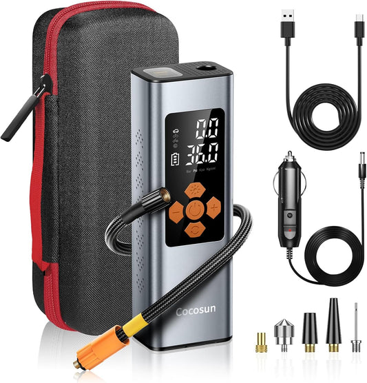 Tire Inflator Portable Air Compressor, 2X Faster Inflation [9400Mah Battery & 12V DC Cord] Car Tire Pump with LCD Display, 150PSI Electric Air Pump for Car SUV MPV RV Bike Ball, Grey